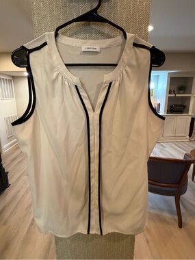 Calvin Klein Pleated V-Neck Sleeveless Blouse - White with Black Trim